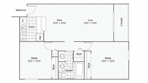 Floor plan for 2 beds, 1 bath, 840 sqft